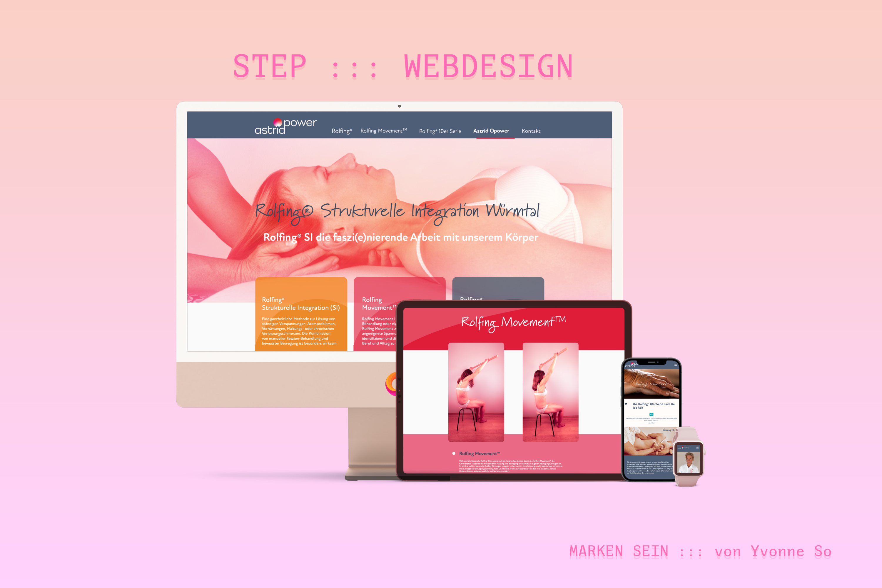 Webdesign – unterschiedliche Menu-Seiten dargestellt auf Desktop, Tablett, Mobil und Watch.